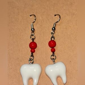 Handmade Dangle Tooth Earrings with Red Beads